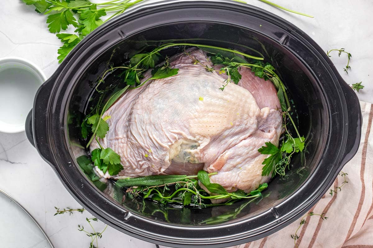 Crock pot turkey breast surrounded by fresh herbs.