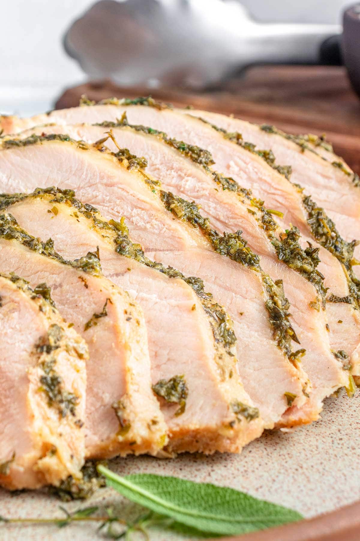 Close-up of Slow Cooker Turkey Breast slices.