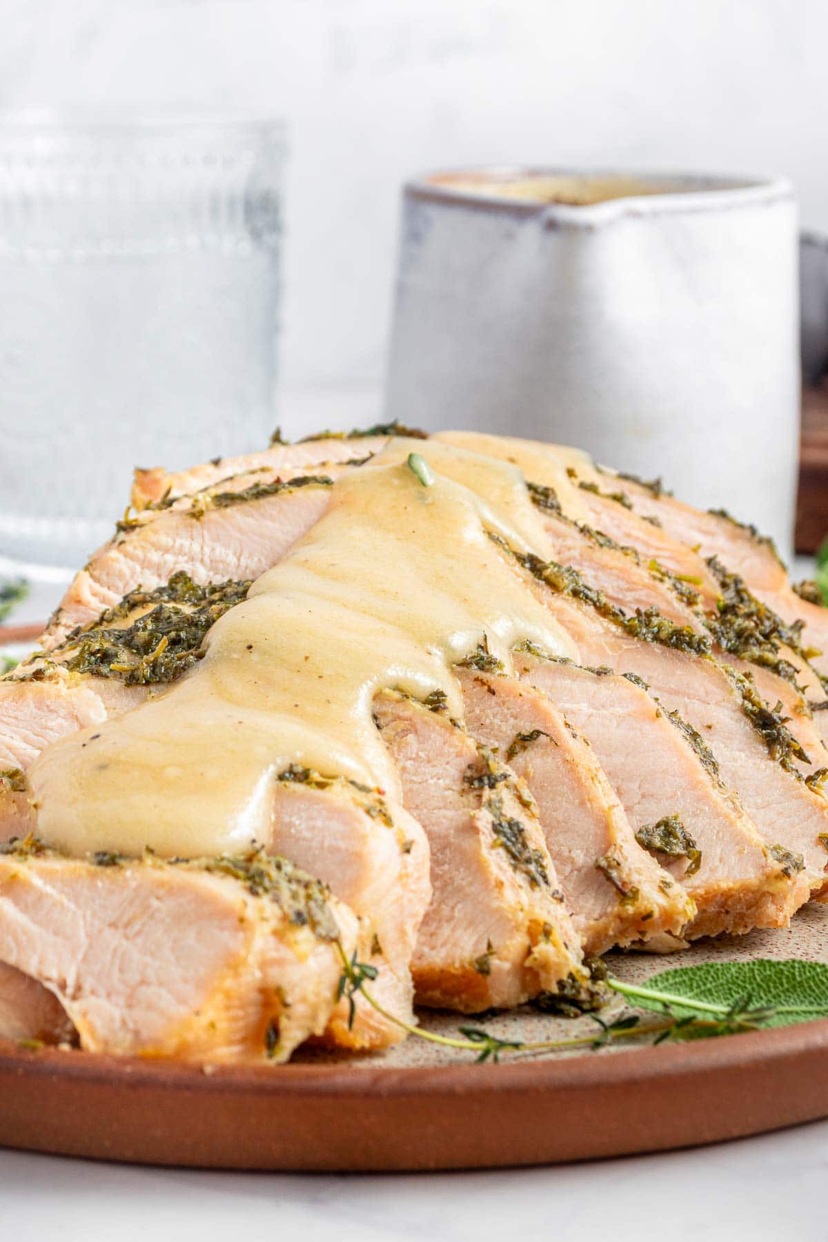 Close-up of Crock Pot Turkey Breast with gravy.