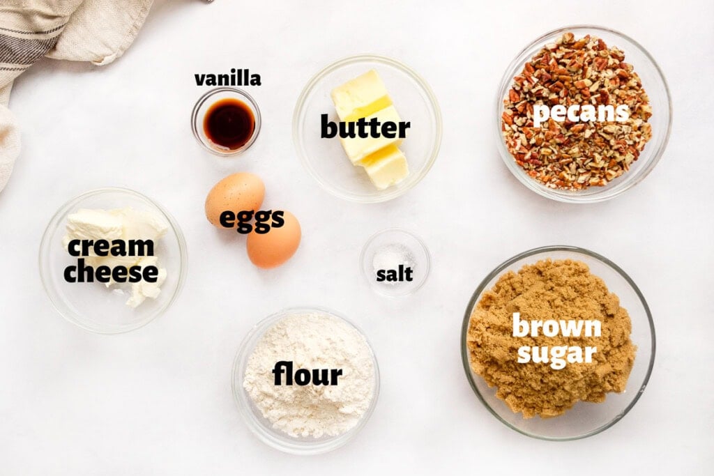 Labeled ingredients for mini pecan pie recipe.