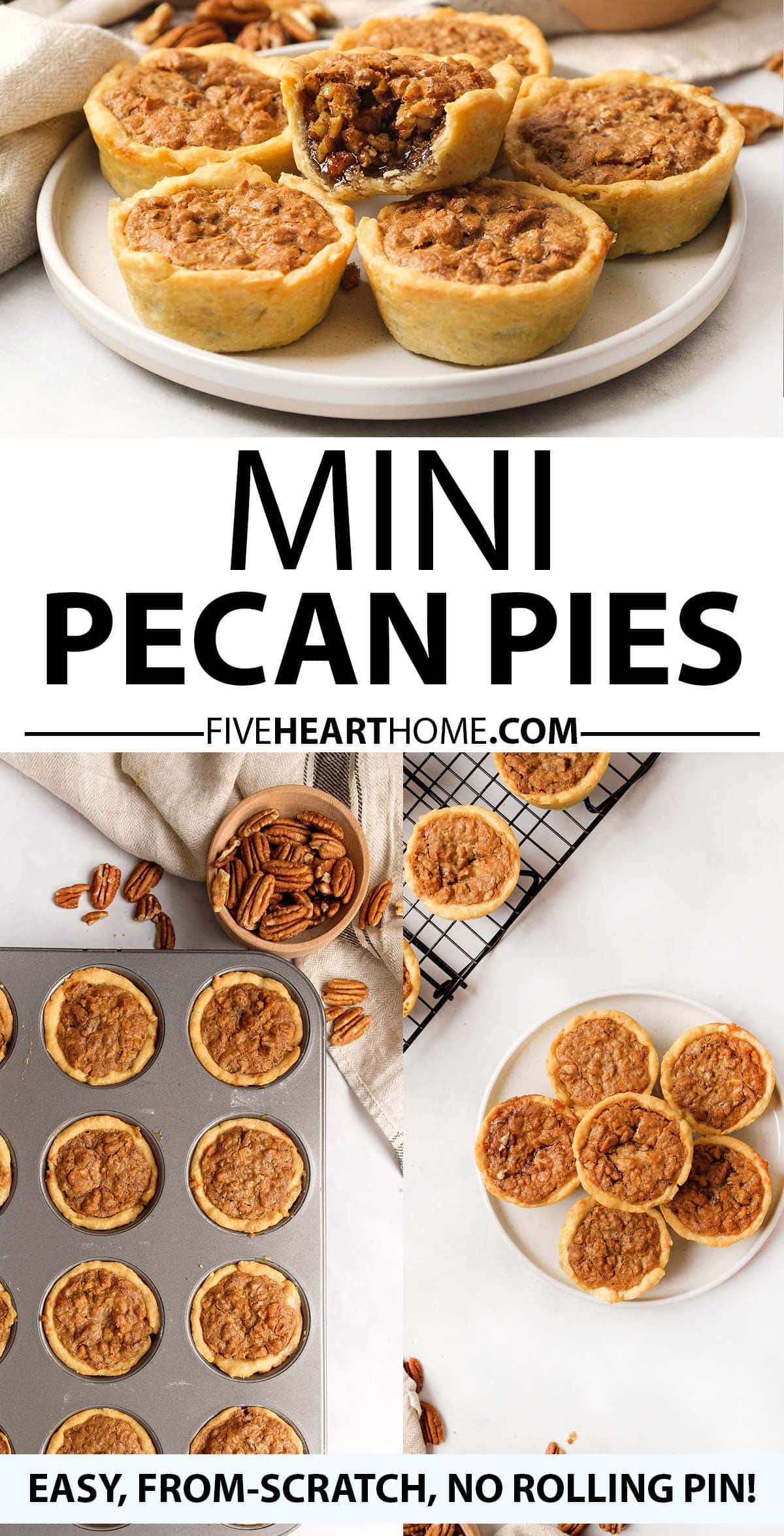 Mini Pecan Pies ~ this mini pecan pie recipe is individually-portioned in a muffin pan and fun to eat, with a tender, buttery crust (no rolling pin required!) and a sweet, nutty filling! It will be the perfect addition to your Thanksgiving dessert table! | FiveHeartHome.com via @fivehearthome