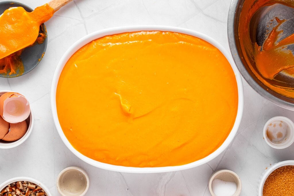 Old-Fashioned Sweet Potato Casserole recipe ready for oven.