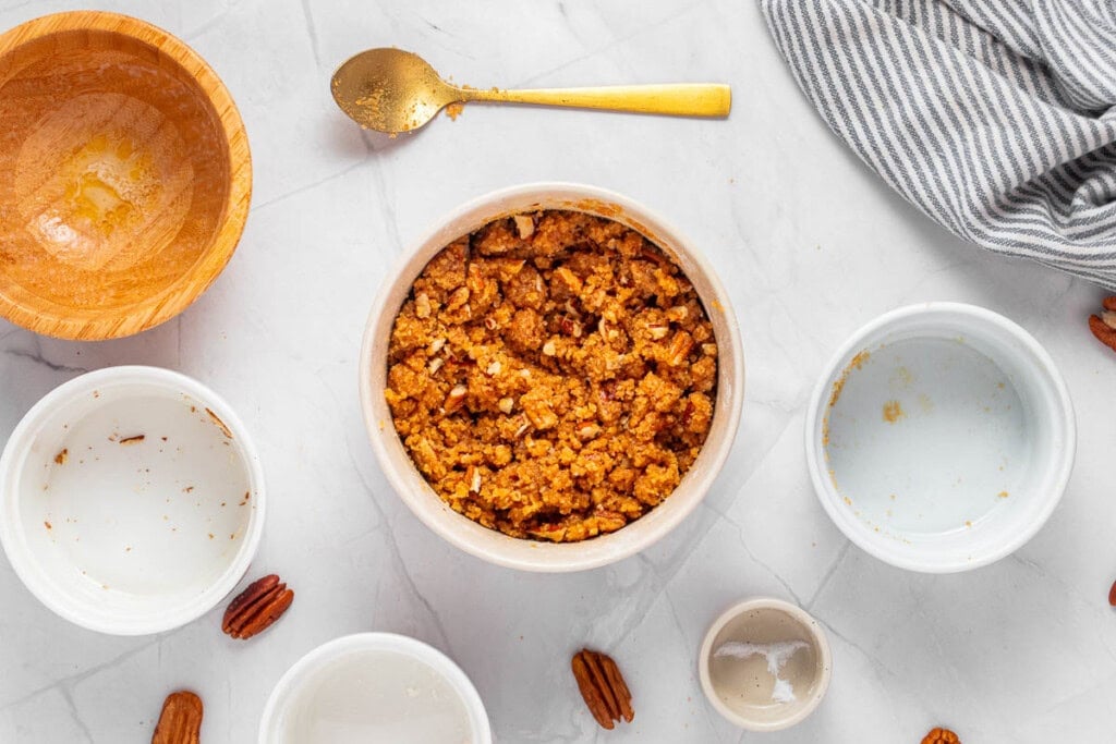 Pecan topping ready for Old-Fashioned Sweet Potato Casserole.