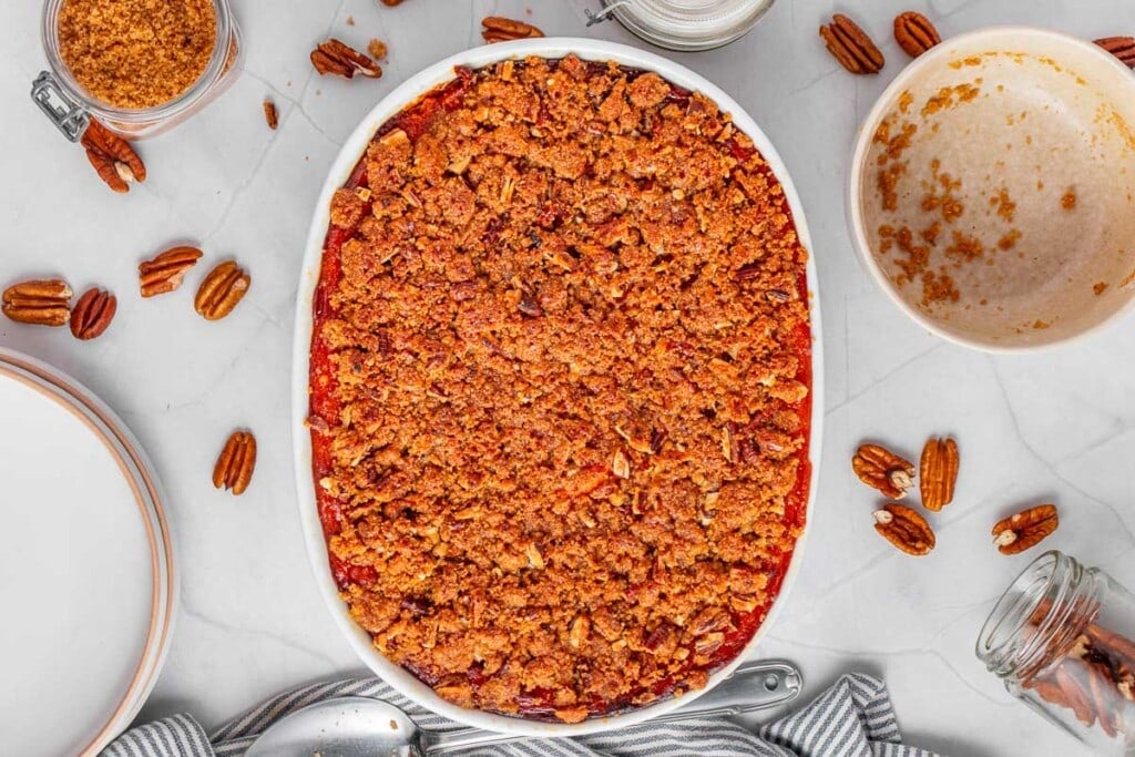 Old-Fashioned Sweet Potato Casserole baked in dish.