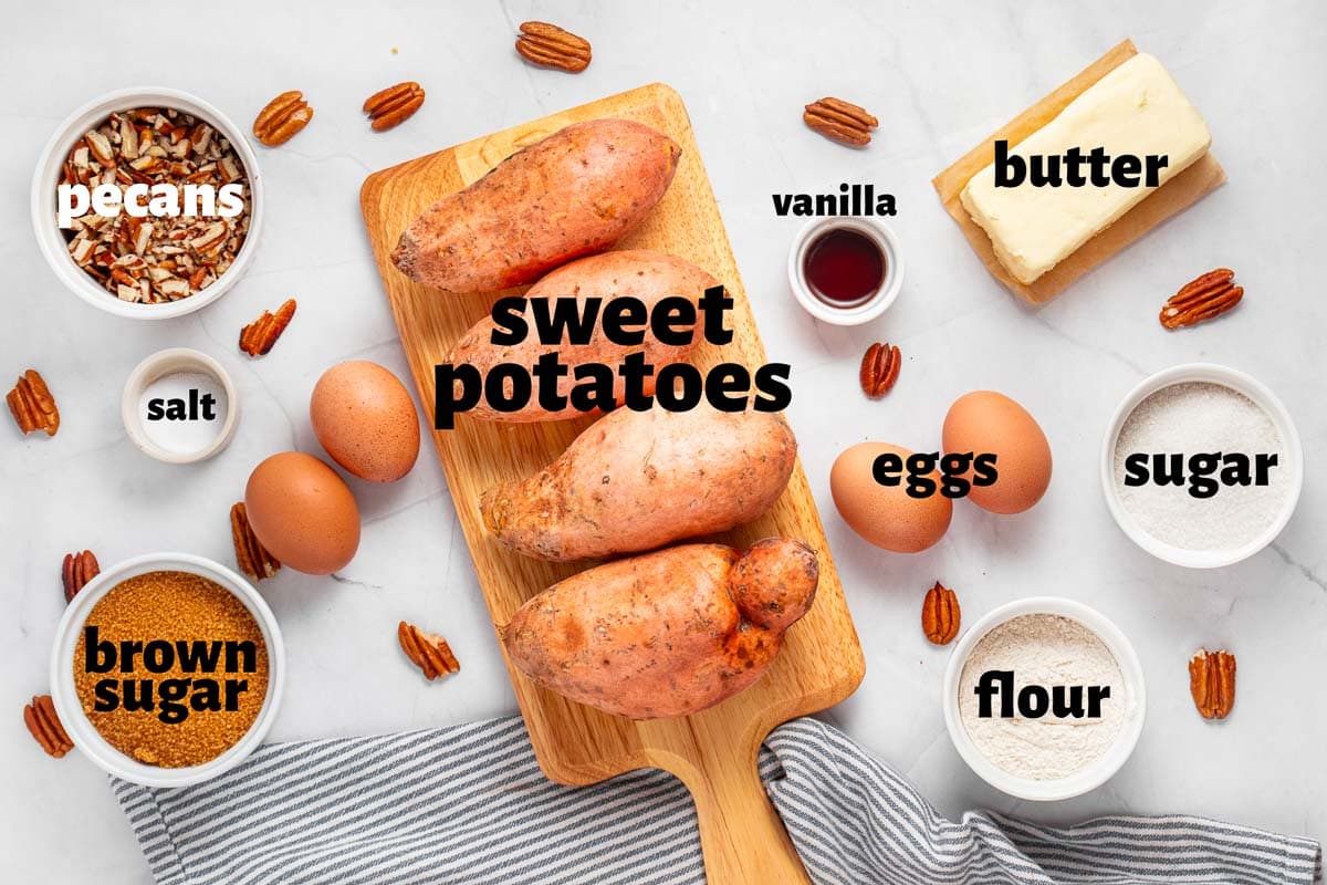 Labeled ingredients to make Old-Fashioned Sweet Potato Casserole.