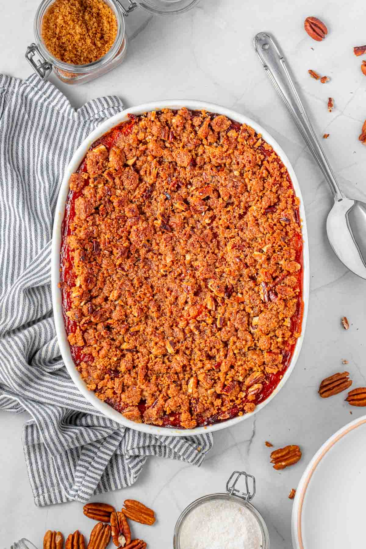 Aerial view of Old-Fashioned Sweet Potato Casserole in baking dish.