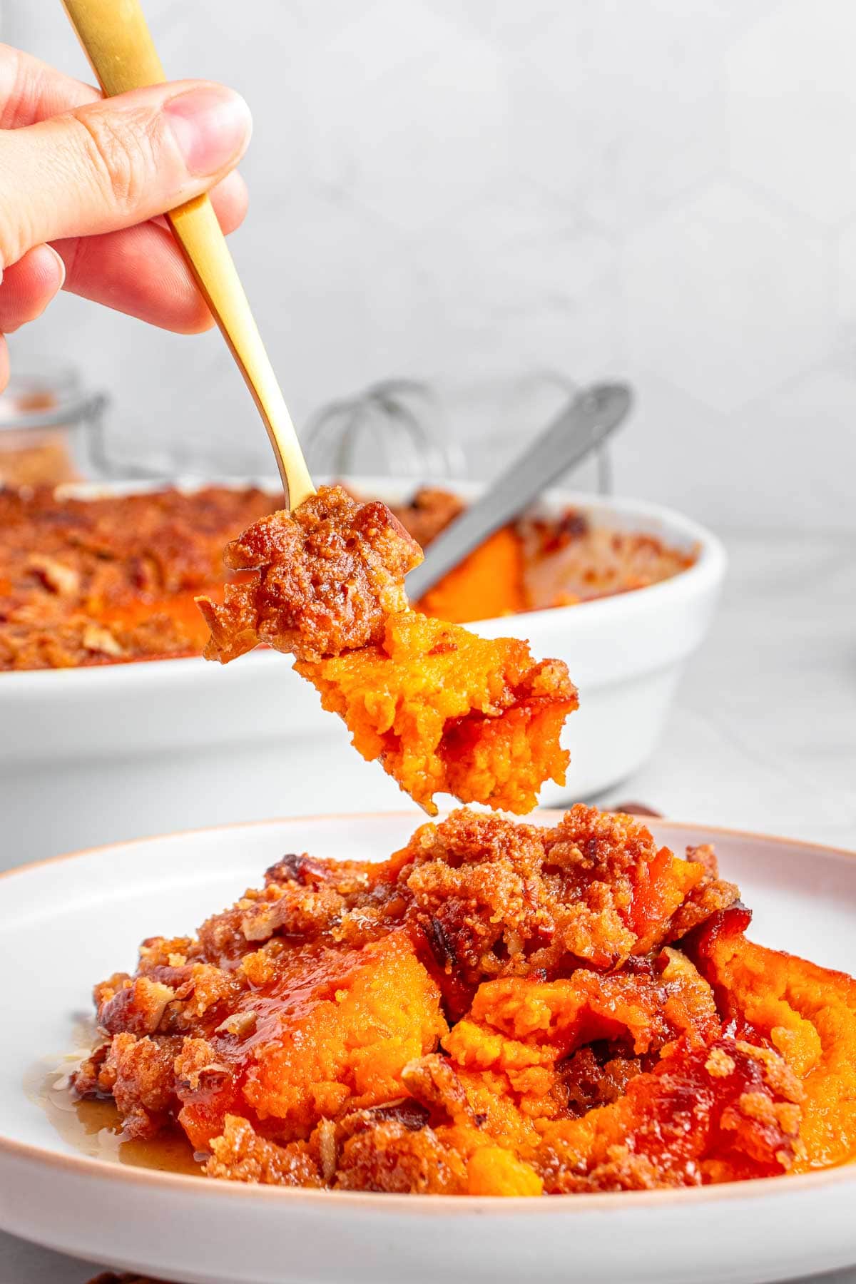 Forkful of Old-Fashioned Sweet Potato Casserole.