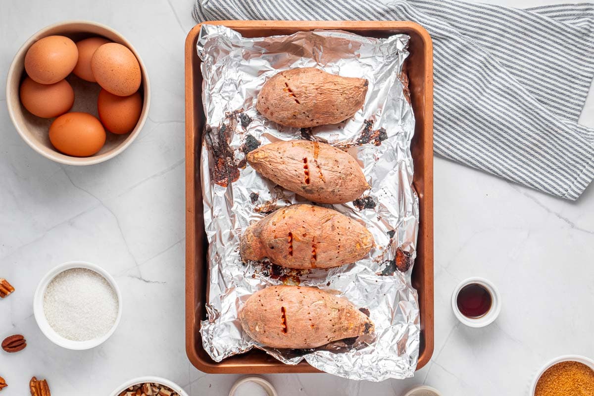 Baked sweet potatoes for Old-Fashioned Sweet Potato Casserole.