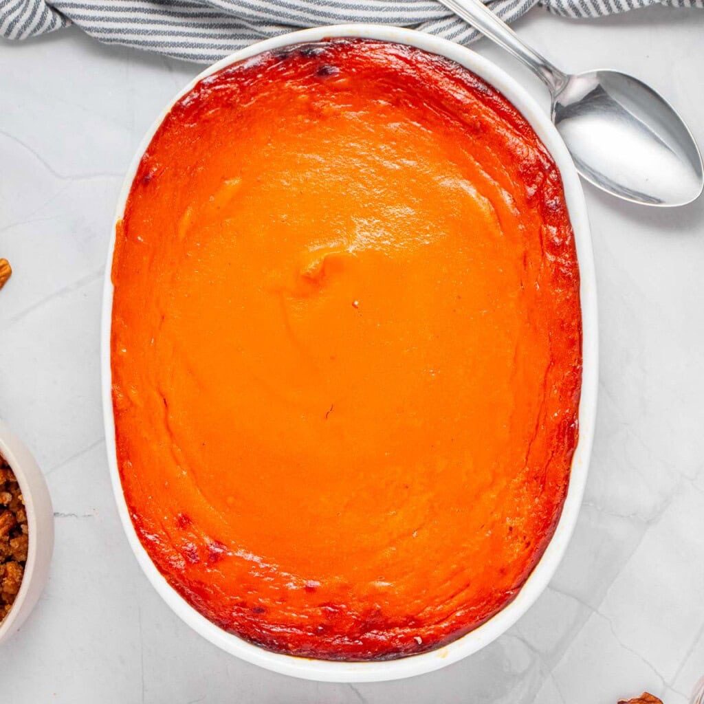 Old-Fashioned Sweet Potato Casserole removed from oven.