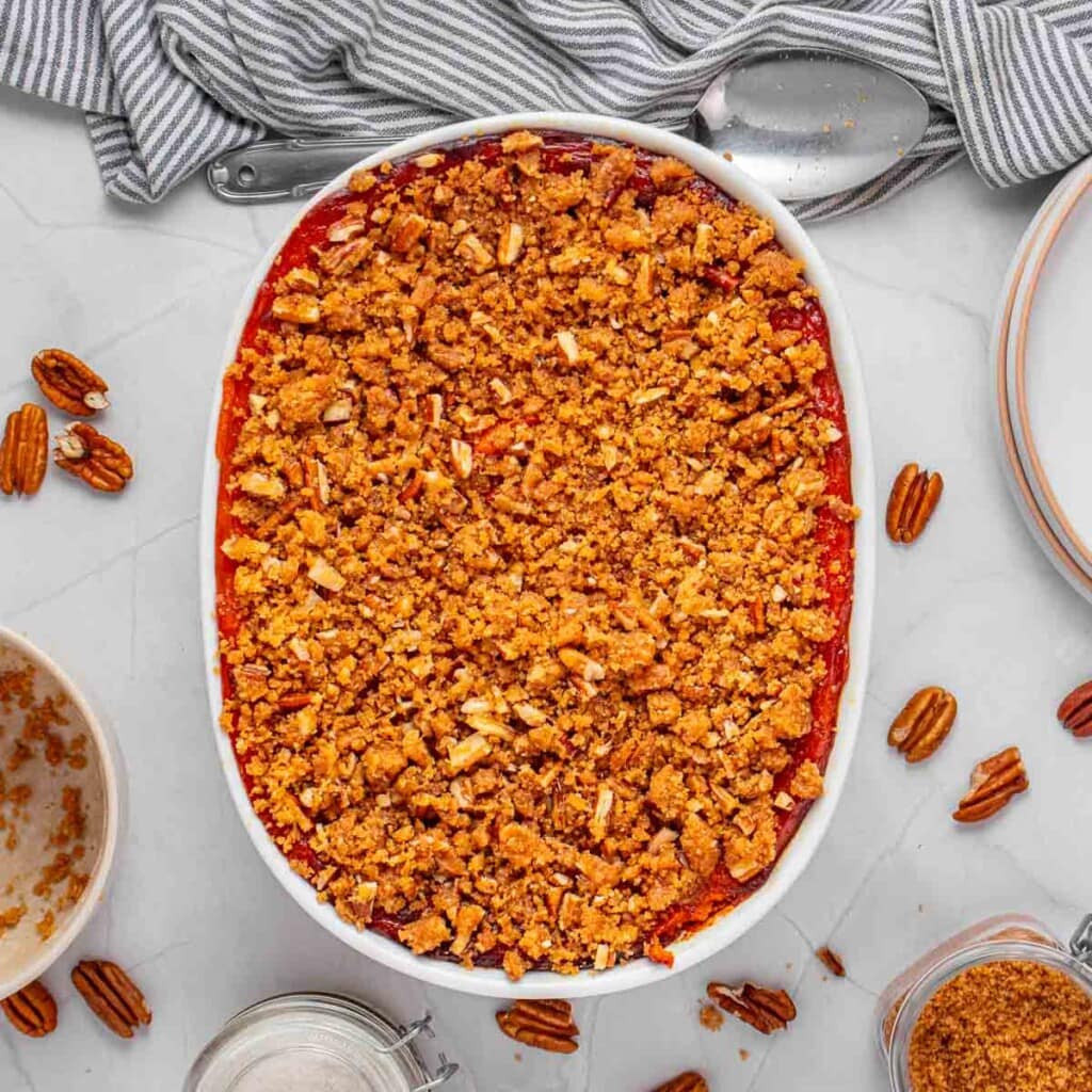 Pecan brown sugar topping sprinkled on top of Old-Fashioned Sweet Potato Casserole recipe.