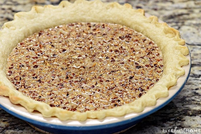 Unbaked pecan pie ready for the oven.