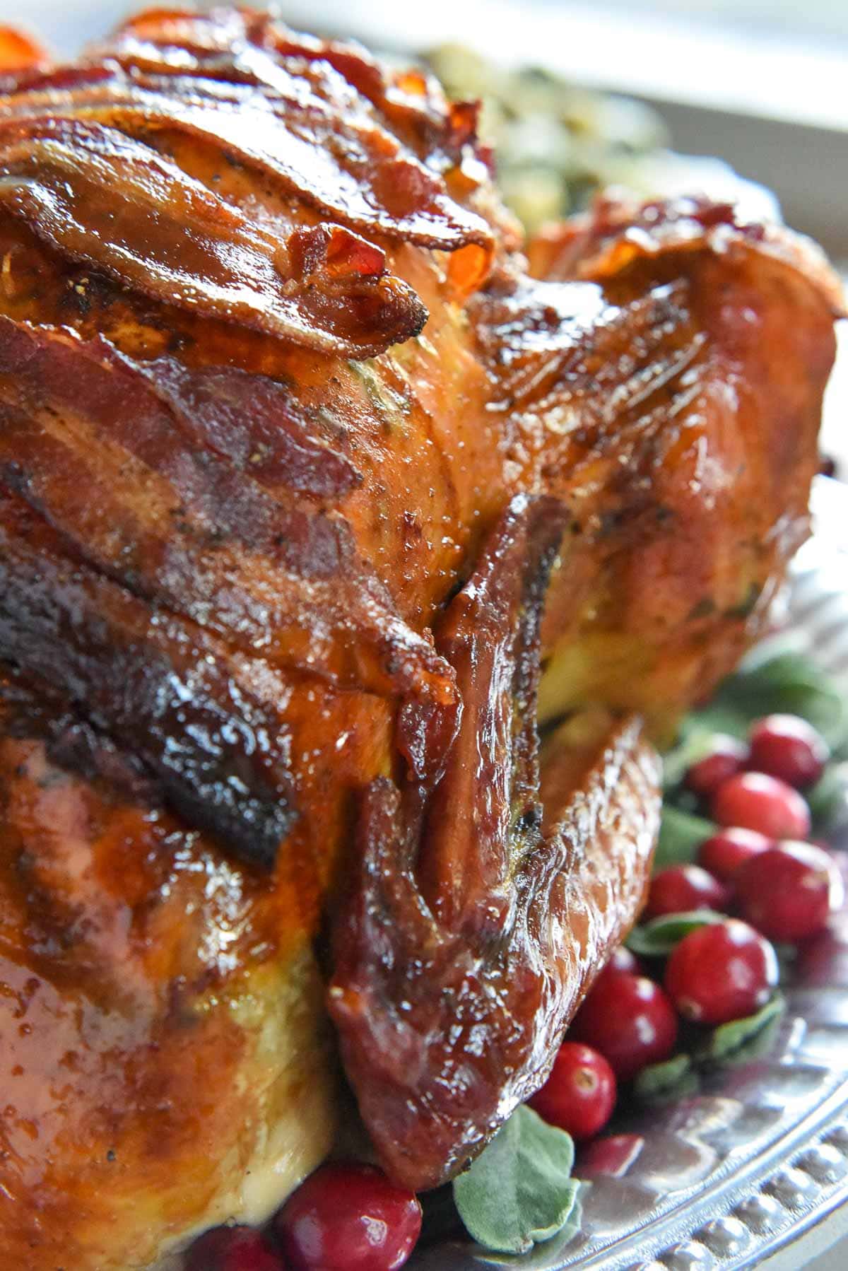 Close-up of Bacon Wrapped Turkey recipe.