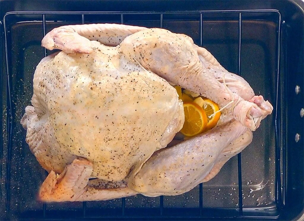 Trussed Bacon Wrapped Turkey before the bacon is added.