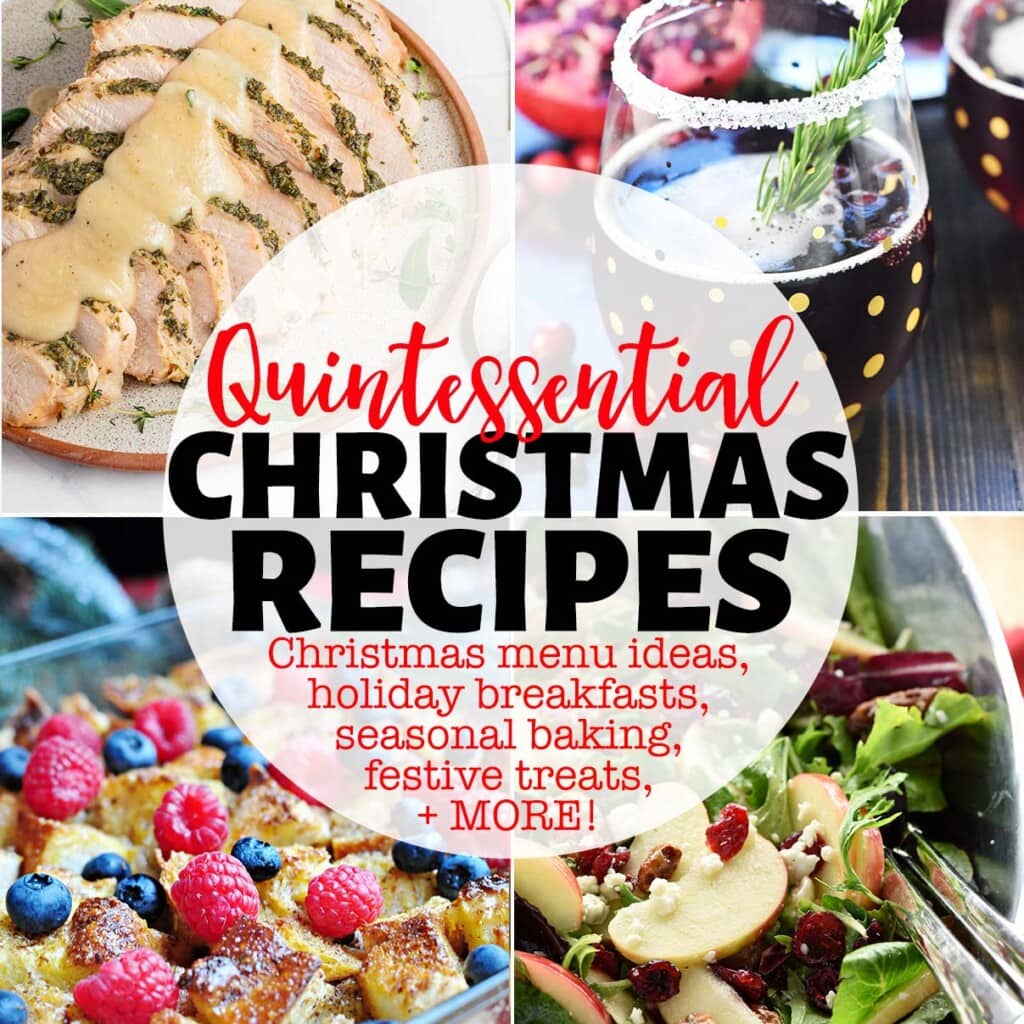 Christmas Recipes collage with text including Christmas menu ideas, holiday breakfasts, seasonal baking, festive treats, and more.