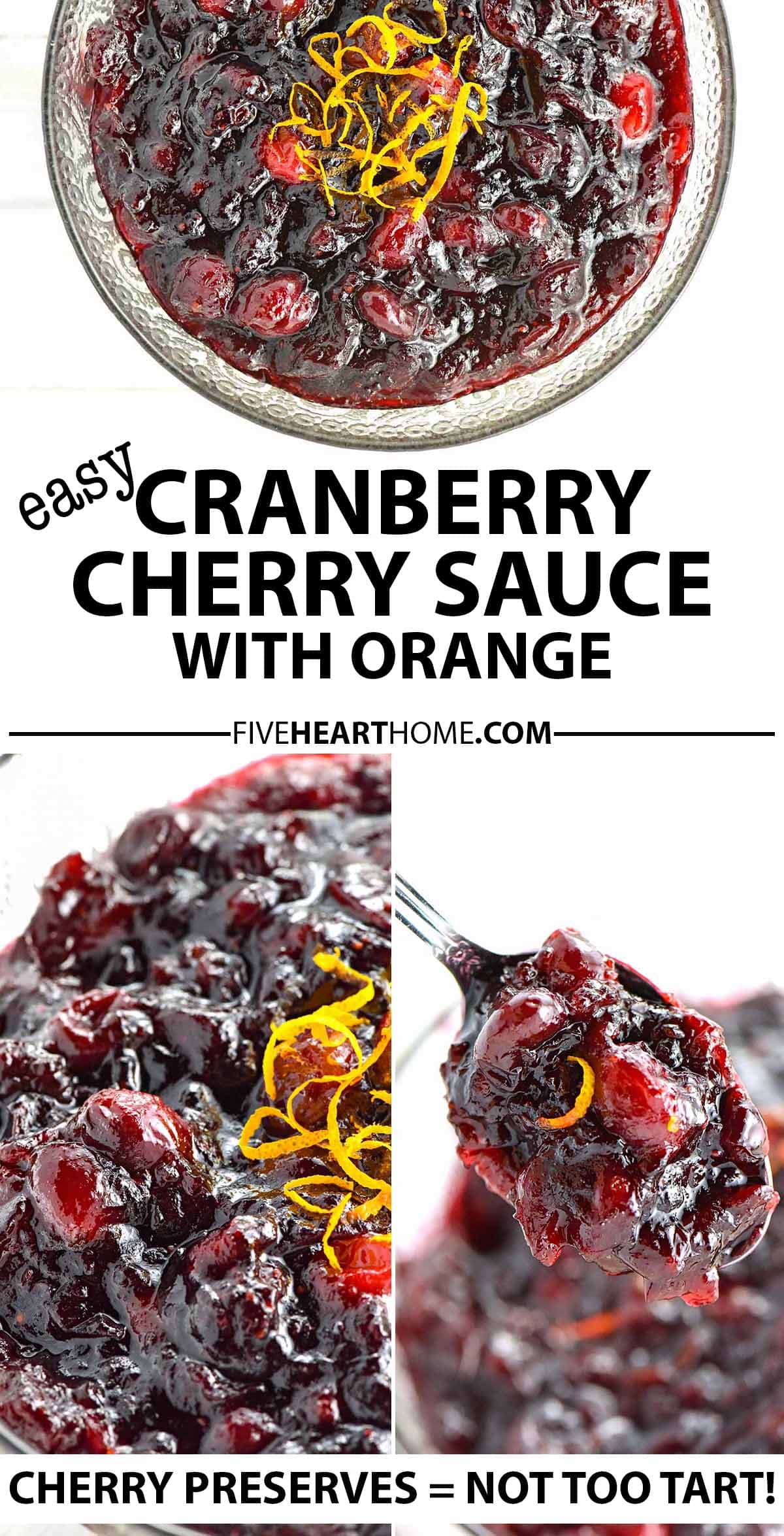 Cranberry Sauce with Orange & Cherry ~ this homemade cranberry sauce strikes a perfect balance between tart cranberries, bright citrus, luscious cherry preserves, and the natural sweetness of honey for a beautiful addition to your Thanksgiving menu! | FiveHeartHome.com via @fivehearthome