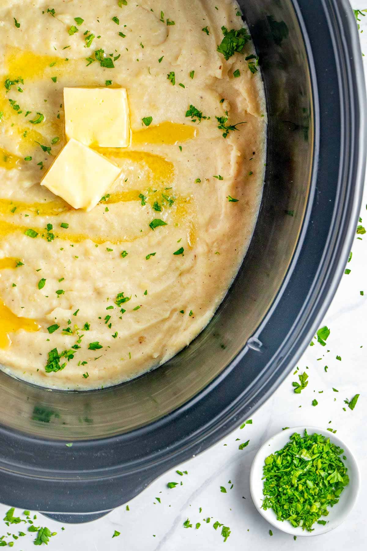 Aerial view of Crockpot Mashed Potatoes.