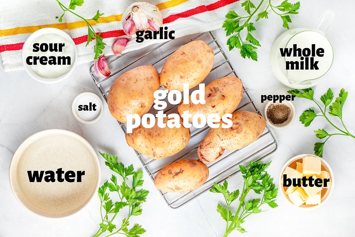 Labeled ingredients to make Crock Pot Mashed Potatoes recipe.