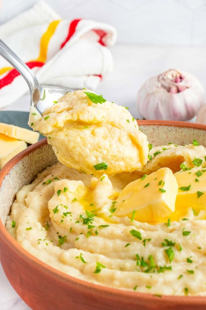 Crock Pot Mashed Potatoes in spoon.