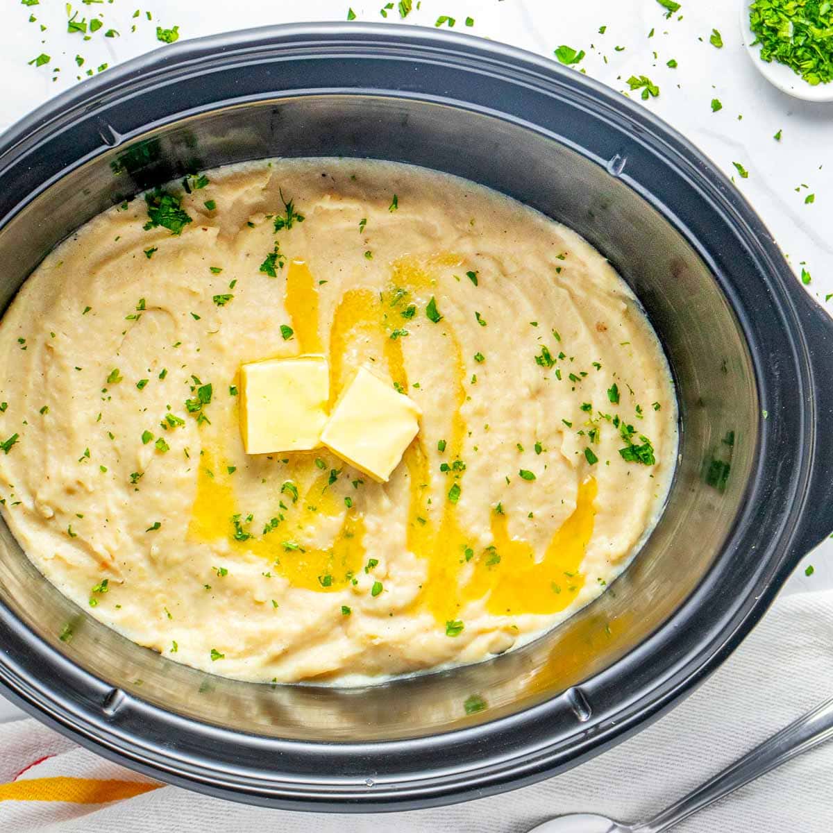 Crock Pot Mashed Potatoes, aerial view in crockpot.