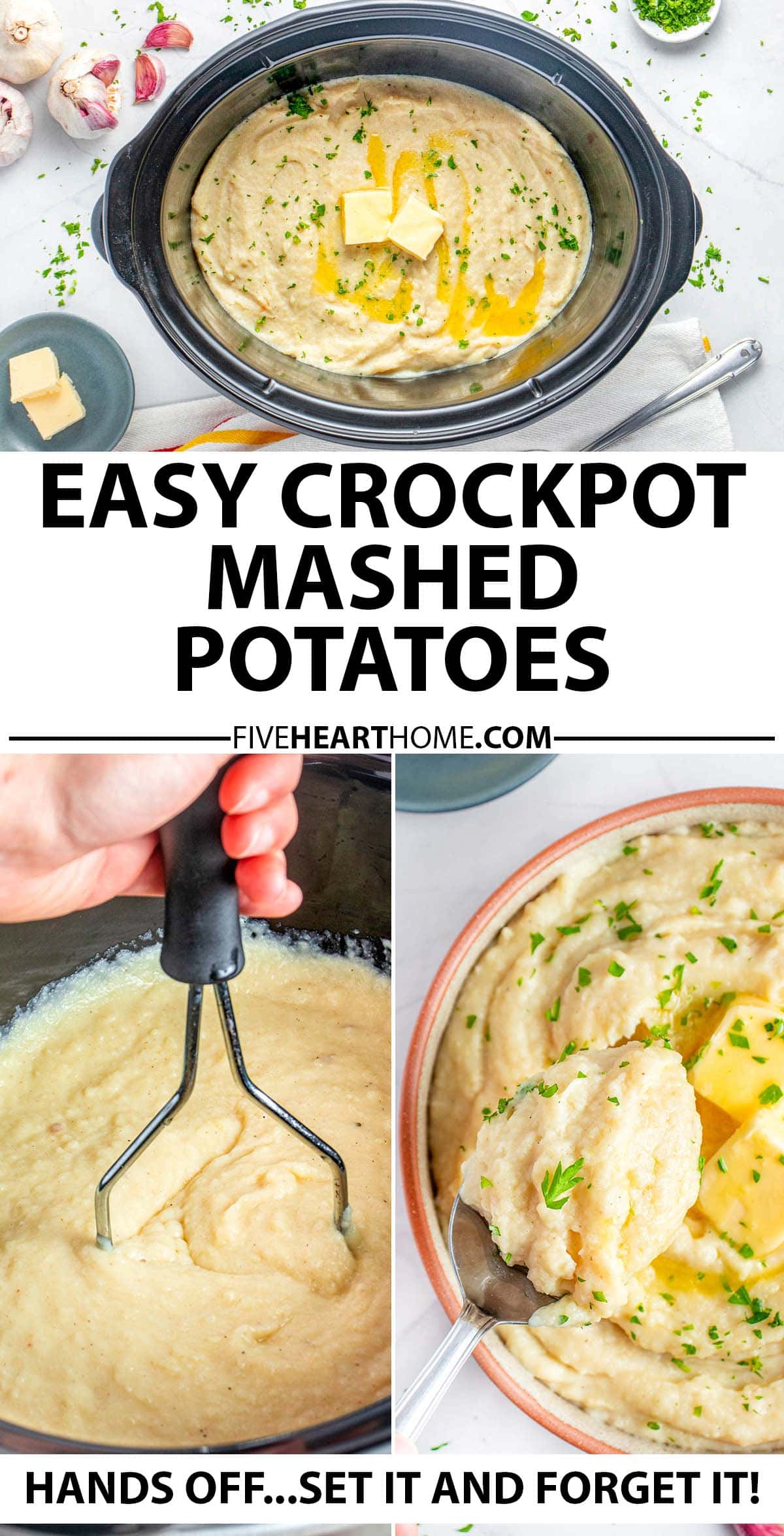 Slow Cooker Mashed Potatoes ~ crock pot mashed potatoes are easy to prep, hands-off, and great for freeing up stove and oven space! But best of all, despite their minimal effort, these crockpot mashed potatoes turn out creamy, flavorful, and delicious…the perfect side dish for Thanksgiving Christmas, Easter, any holiday meal, or regular weeknight dinners! | FiveHeartHome.com via @fivehearthome