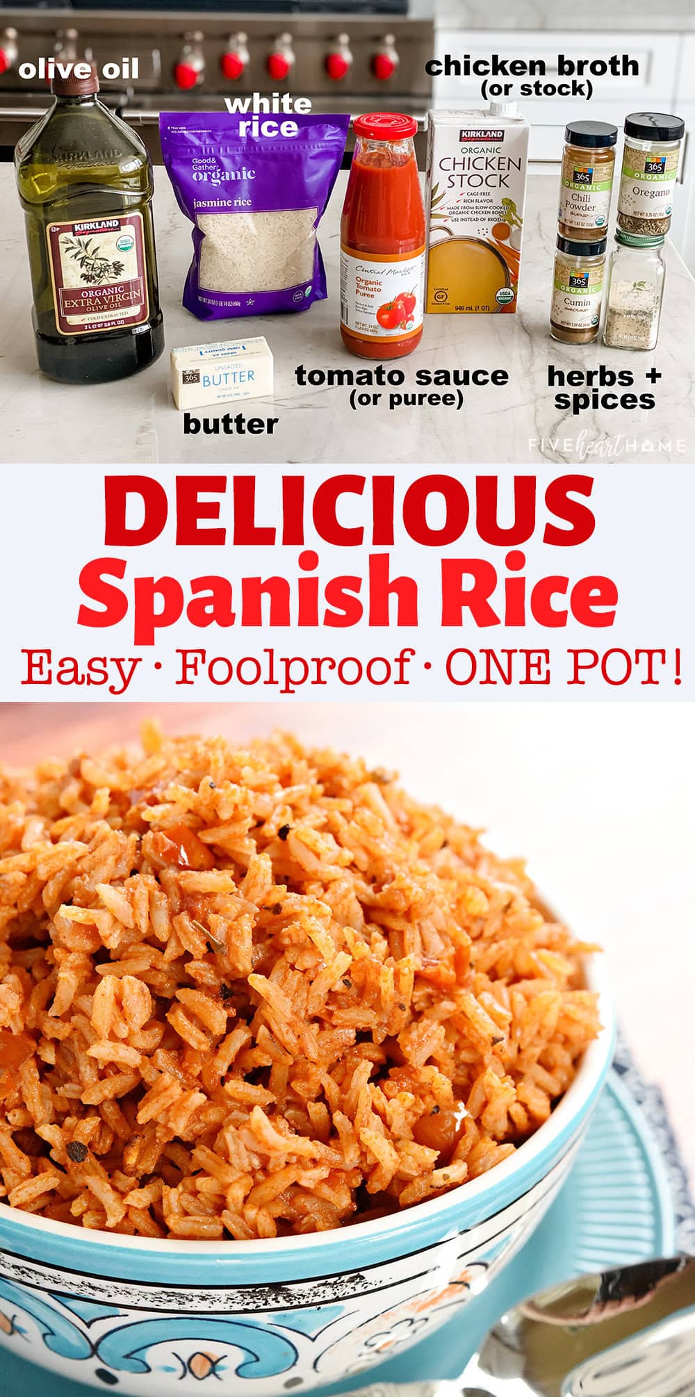 Easy Spanish Rice ~ cook a pot of rice using chicken broth, tomato sauce, and a few seasonings to make this quick and easy Spanish Rice...it's the perfect base for rice bowls or a delicious side dish to your favorite Mexican entrees! | FiveHeartHome.com via @fivehearthome