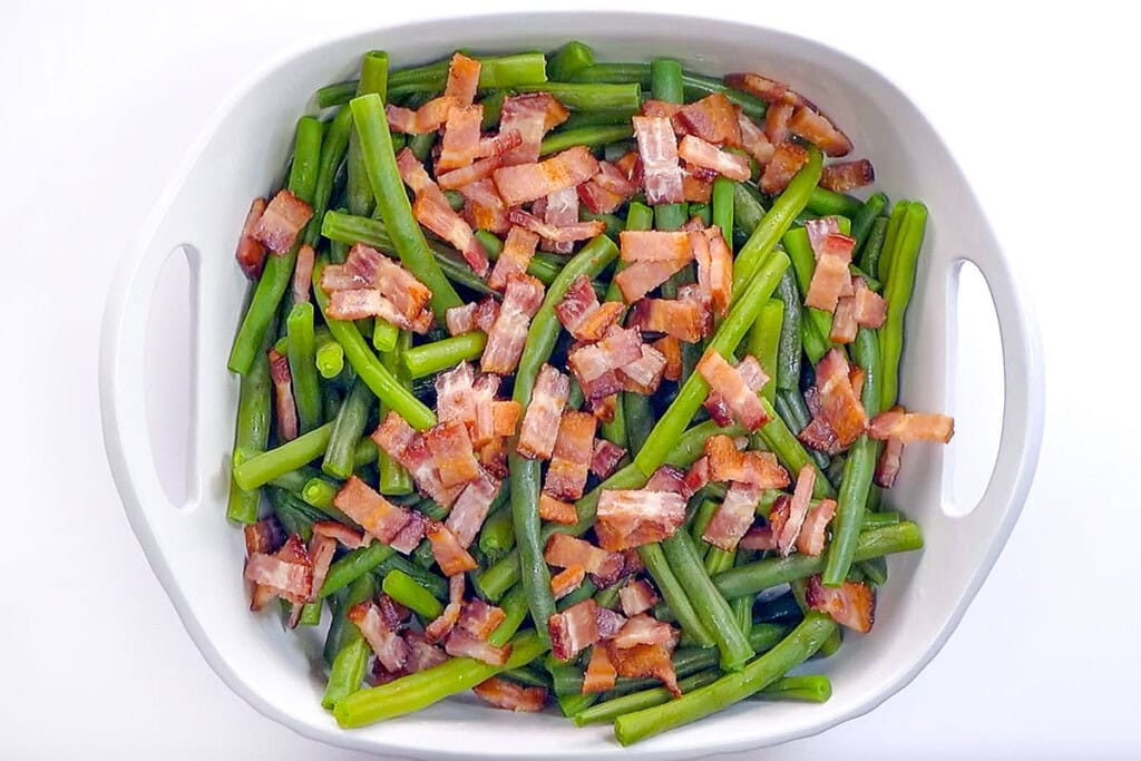 Green beans with bacon ready for glaze.