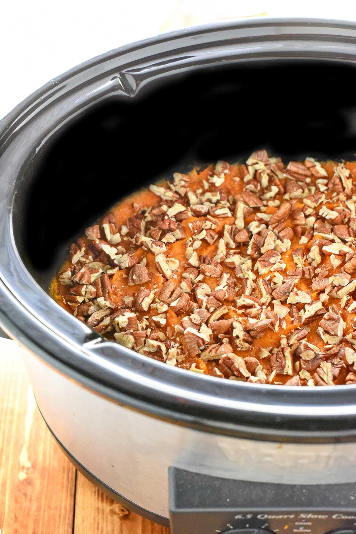 Slow Cooker Sweet Potato Casserole in crock pot.