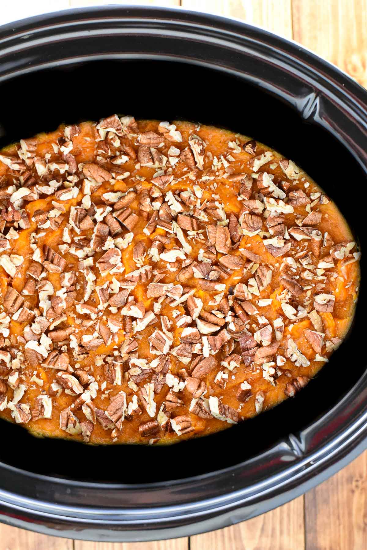 Aerial view of Crockpot Sweet Potato Casserole.