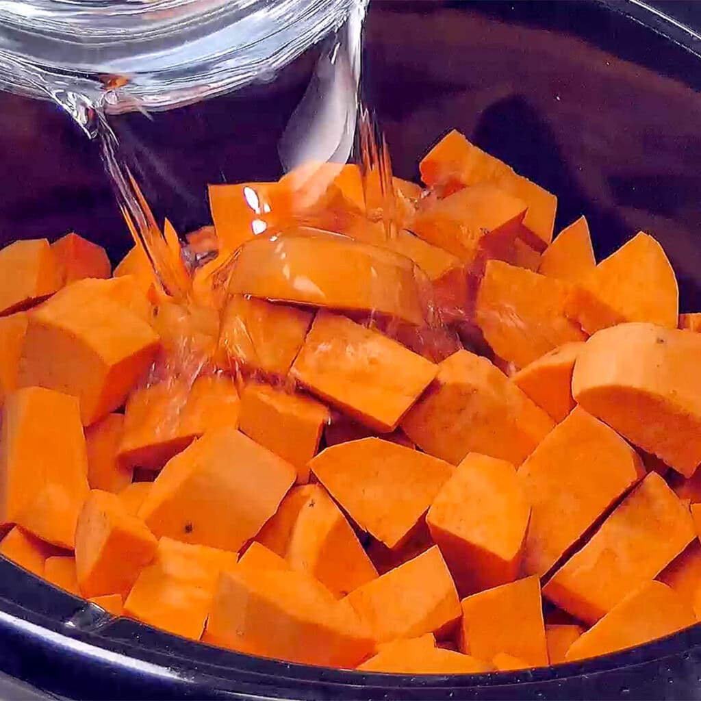 Adding water to crockpot.