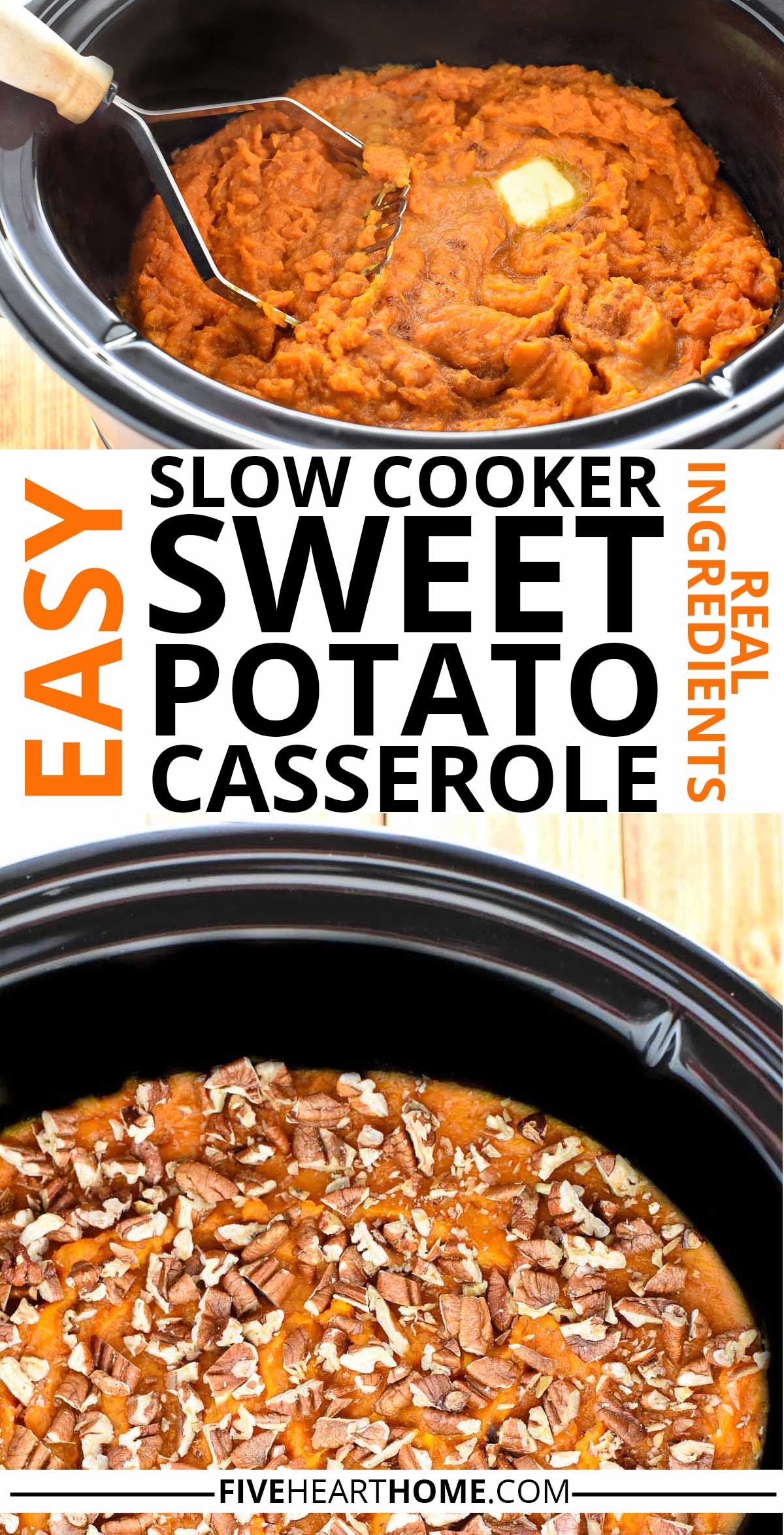 Slow Cooker Sweet Potato Casserole ~ this creamy, delicious, crockpot sweet potato casserole recipe is made with real ingredients and topped with toasty pecans for an easy Thanksgiving side dish that frees up valuable oven space! | FiveHeartHome.com via @fivehearthome