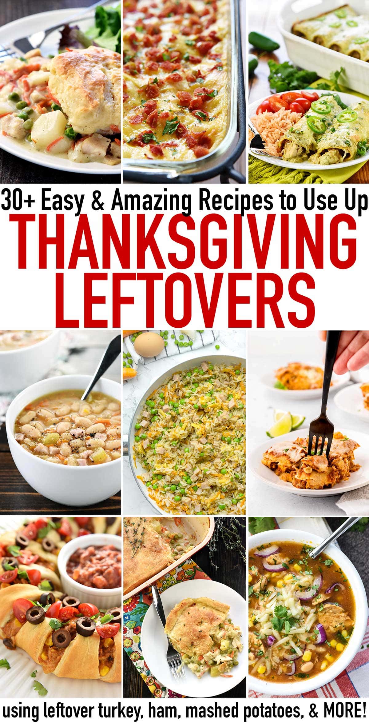 Thanksgiving Leftover Recipes ~ enjoy this collection of Thanksgiving leftover ideas, with recipe for using up the leftovers from Thanksgiving, Christmas, and other holiday meals, from leftover turkey to ham to mashed potatoes! | FiveHeartHome.com via @fivehearthome