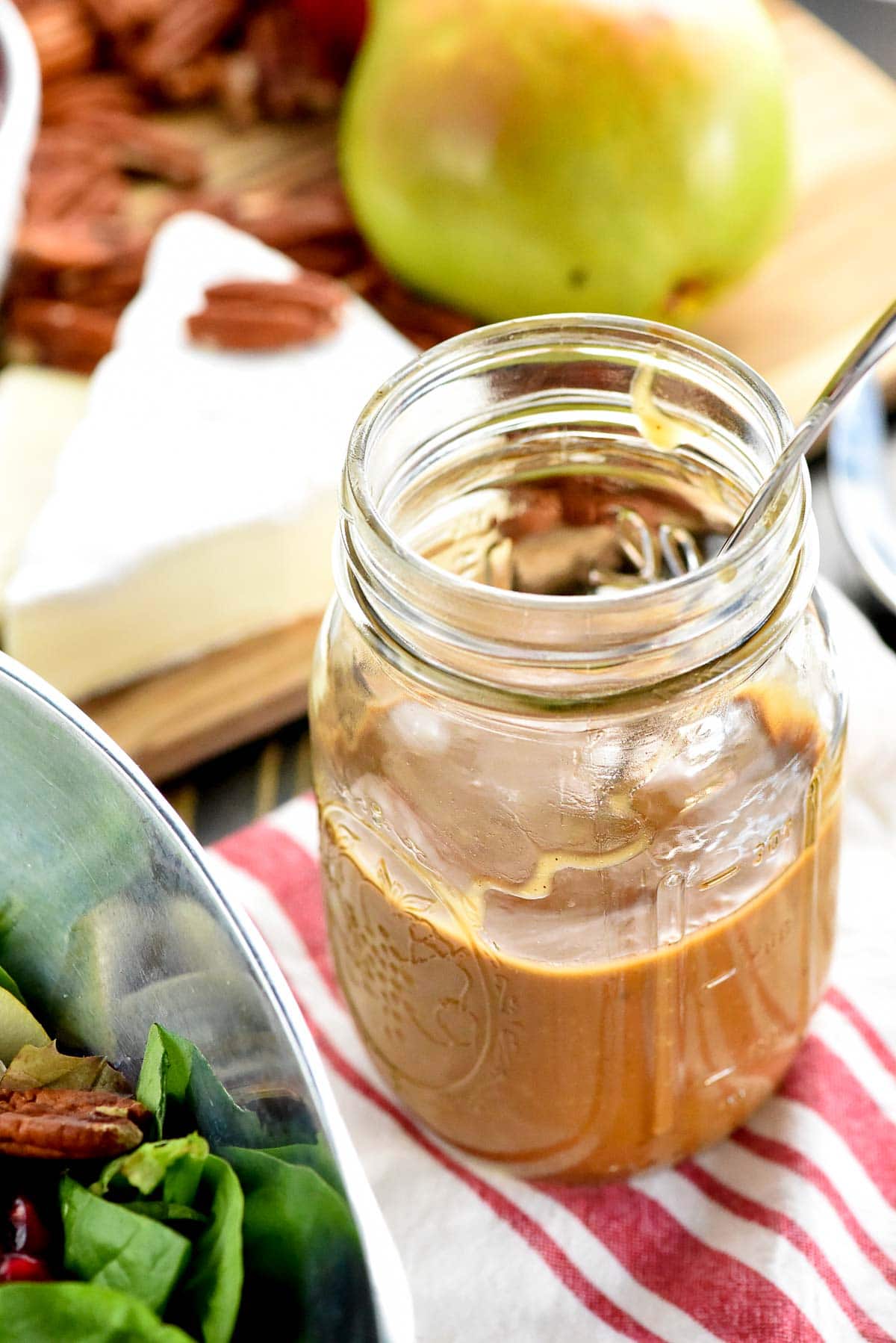 Jar of homemade balsamic vinaigrette dressing.