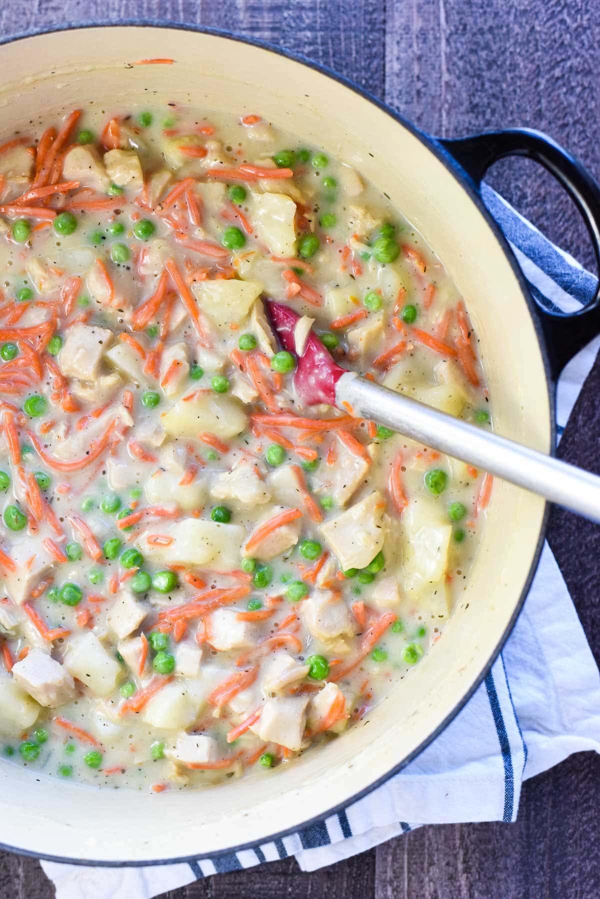 Chicken Pot Pie Casserole filling in pot.