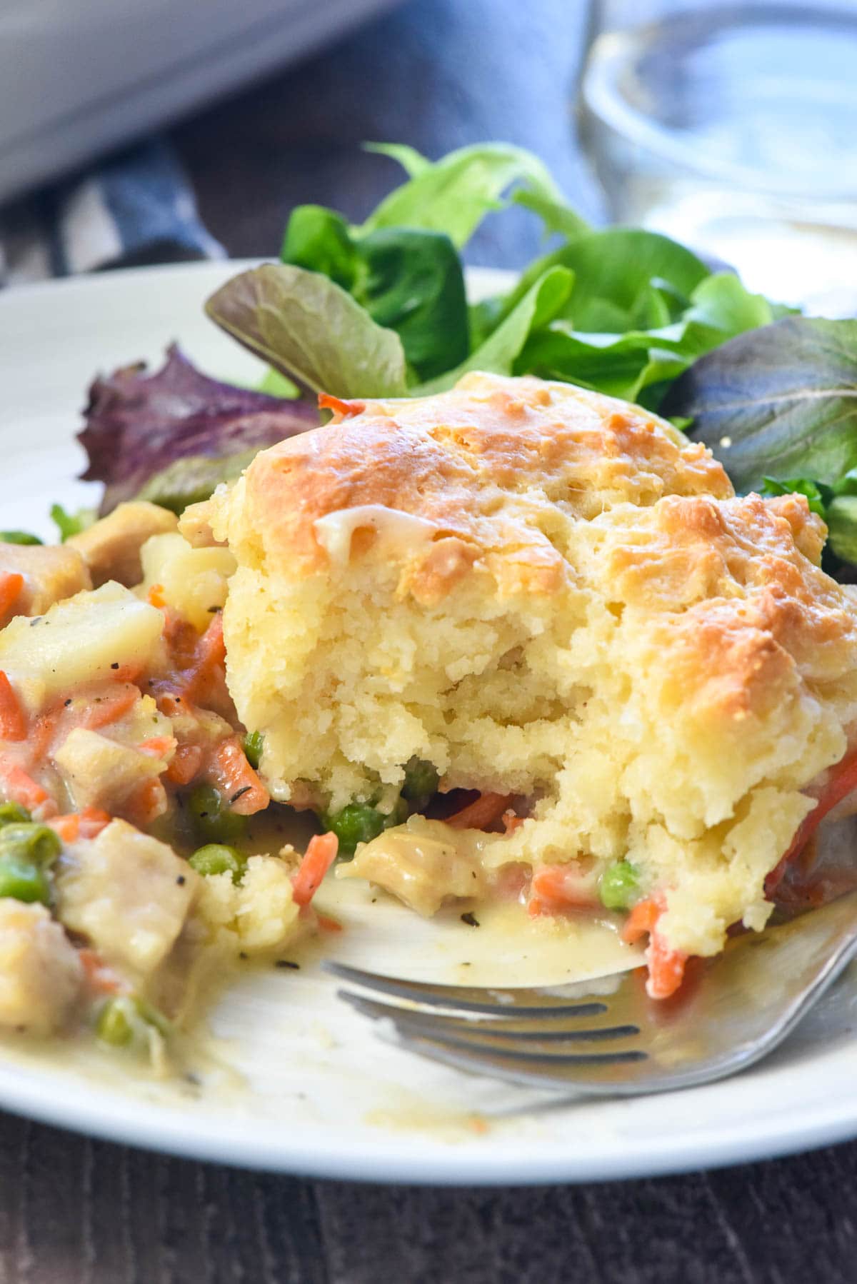 Chicken Pot Pie Casserole with missing bite.