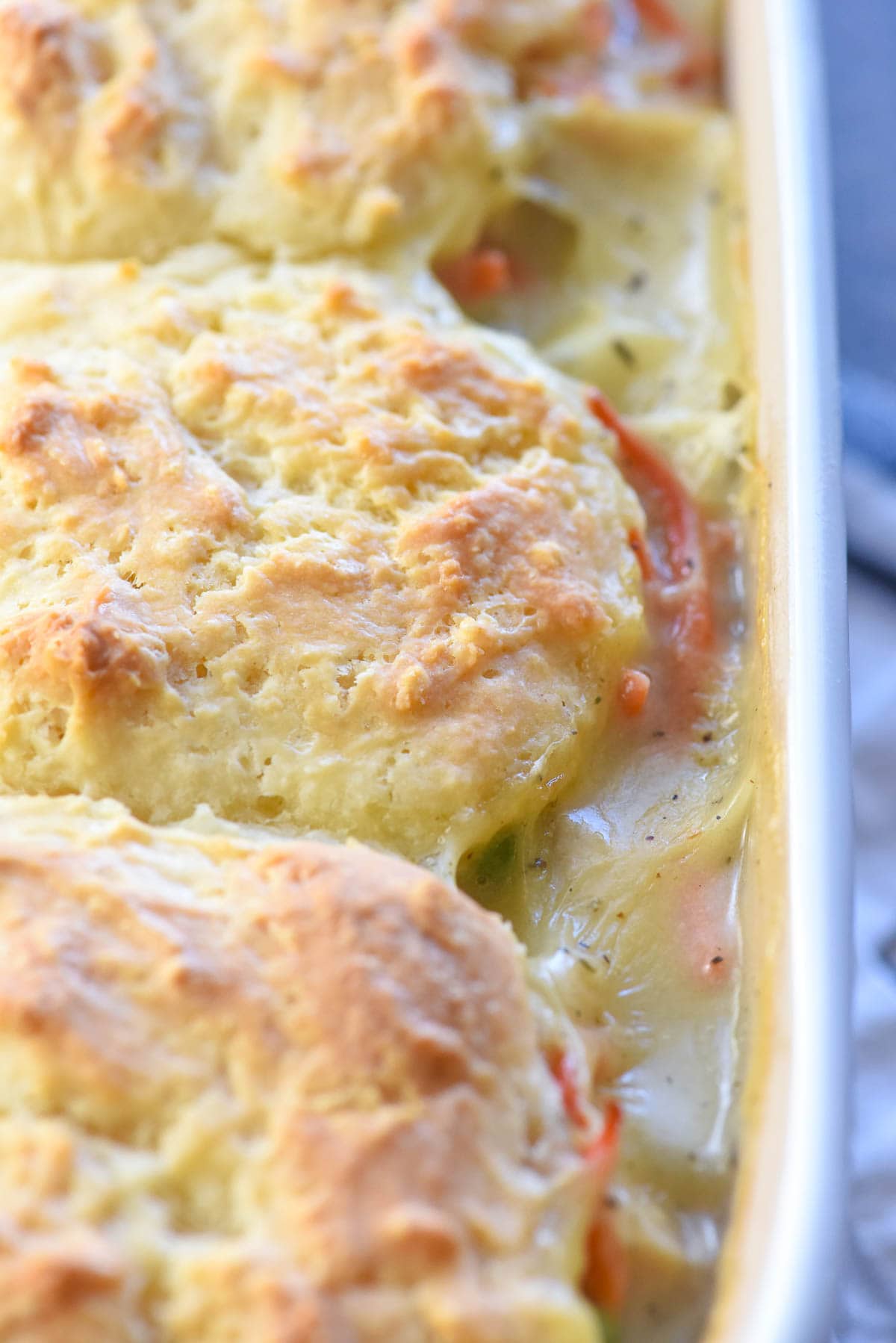 Chicken Pot Pie Casserole close-up in baking dish.