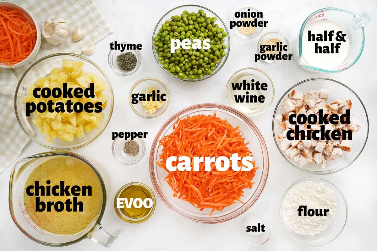 Labeled ingredients to make Chicken Pot Pie Casserole recipe.