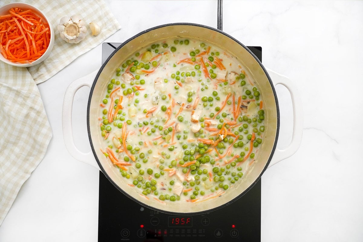 Easy Chicken Pot Pie Casserole mixture ready to transfer to dish.