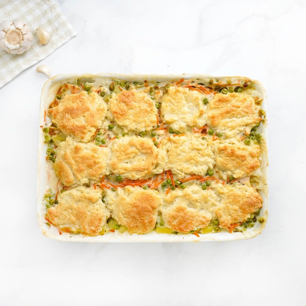 Easy Chicken Pot Pie Casserole fresh out of the oven.