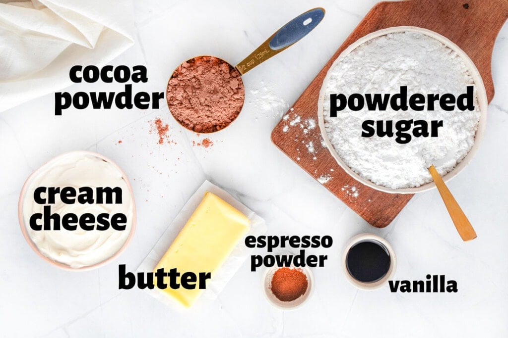 Labeled ingredients to make cream cheese chocolate frosting.