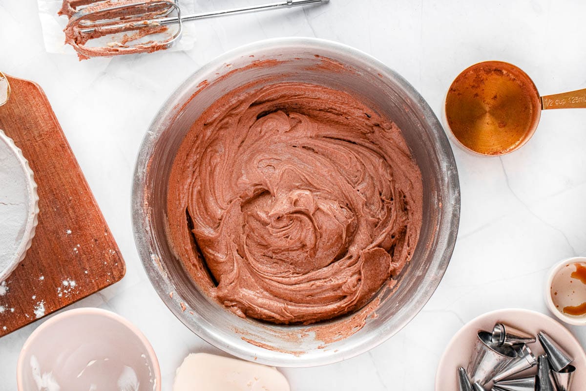 Chocolate Cream Cheese Frosting whipped in mixing bowl.