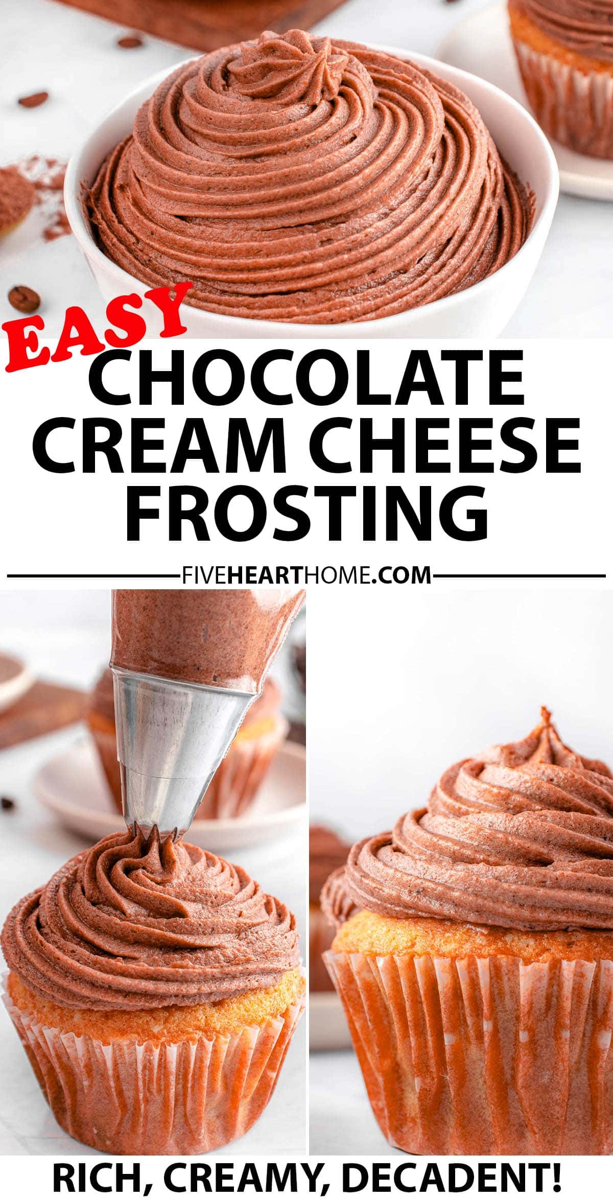 Chocolate Cream Cheese Frosting ~ easy to make in a matter of minutes with just a few ingredients, turns out smooth, creamy, and decadent, and perfect for frosting cakes, cupcakes, brownies, and so much more…you’ll want to add this cream cheese frosting recipe to your collection! | FiveHeartHome.com via @fivehearthome