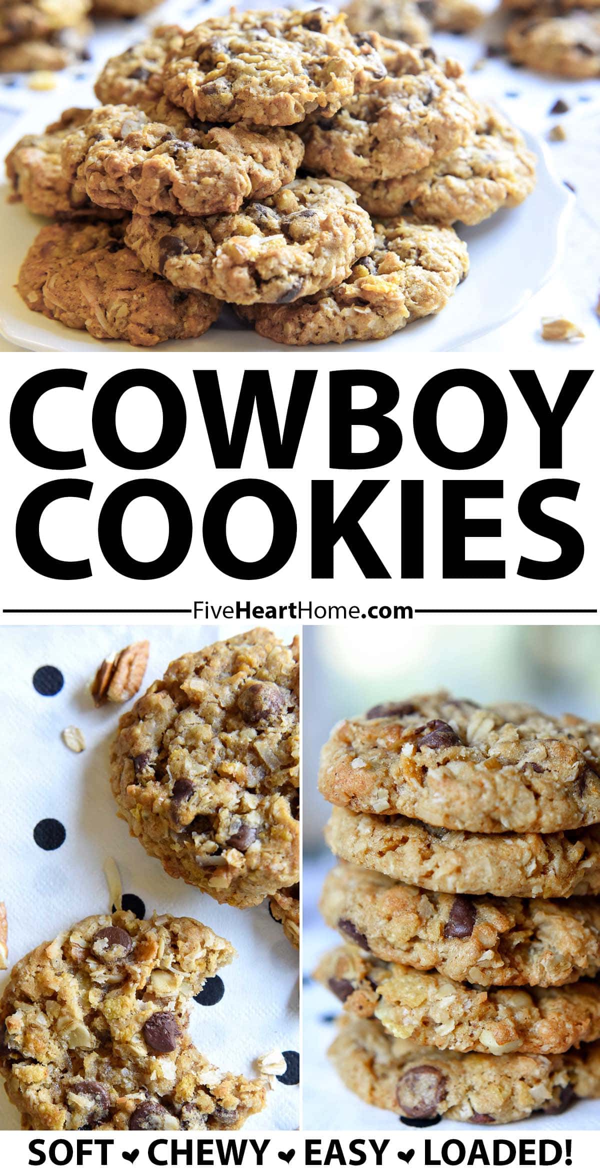 Cowboy Cookies are soft, chewy, and totally addictive, loaded with a variety of flavors and textures -- from oats and coconut to chocolate chips and pecans! This easy cowboy cookies recipe will become a new favorite! | FiveHeartHome.com via @fivehearthome