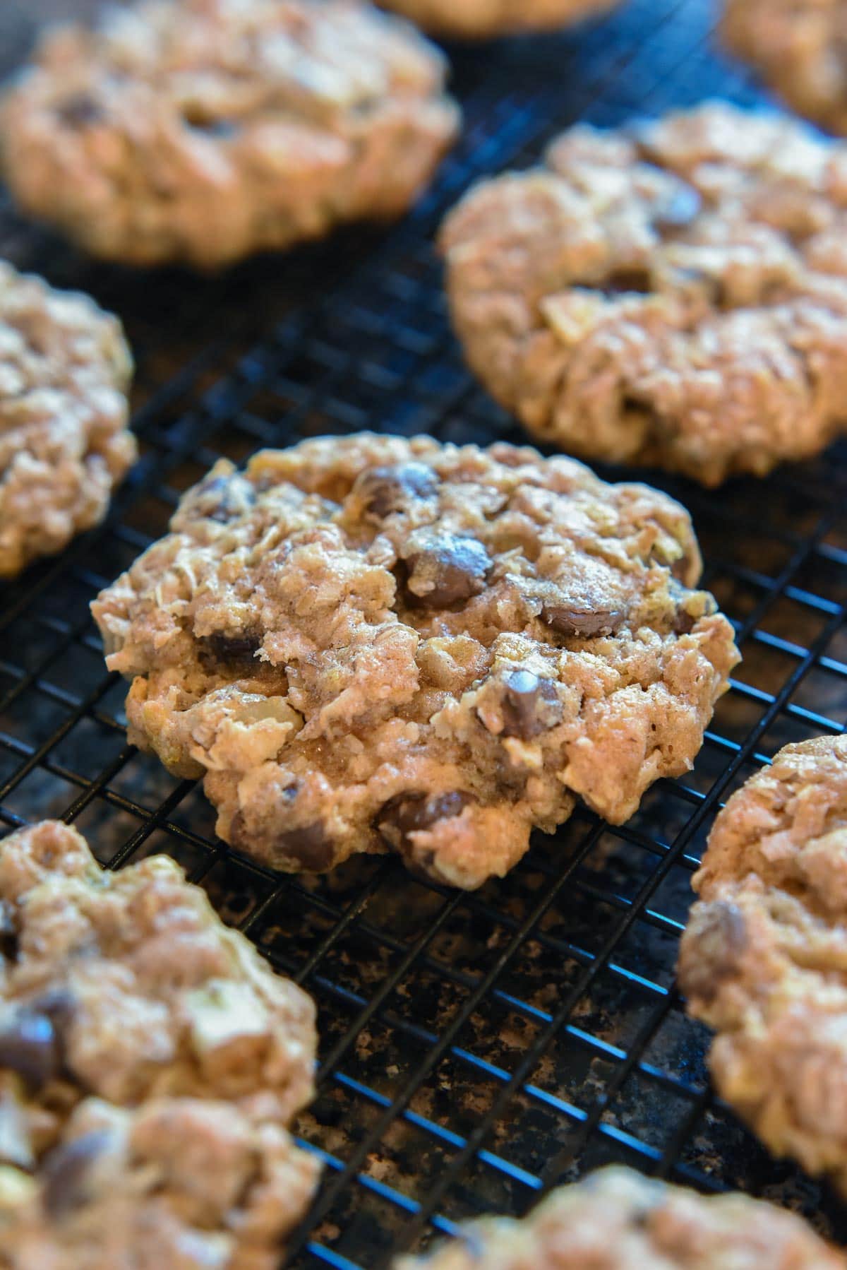 Cowboy Cookies on cooling rack.