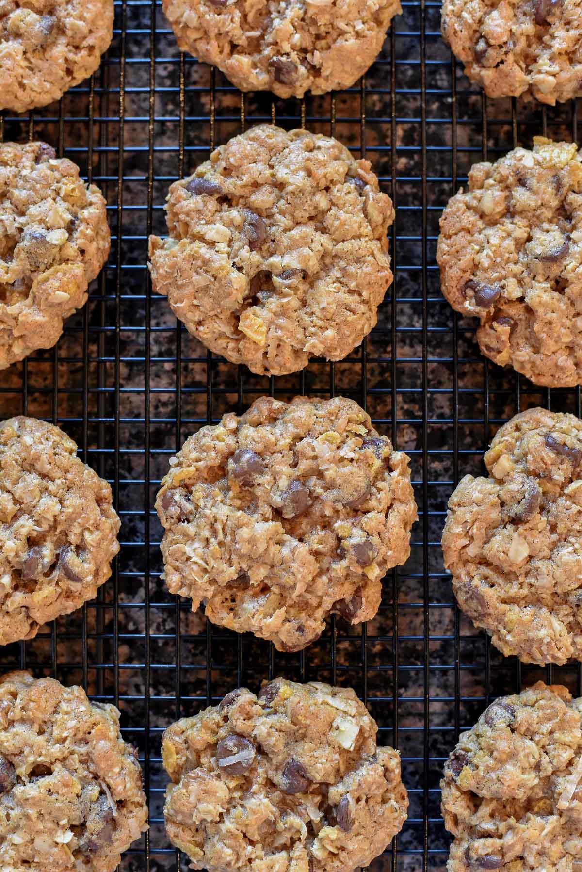 Cowboy Cookies aerial view on cooling rack.