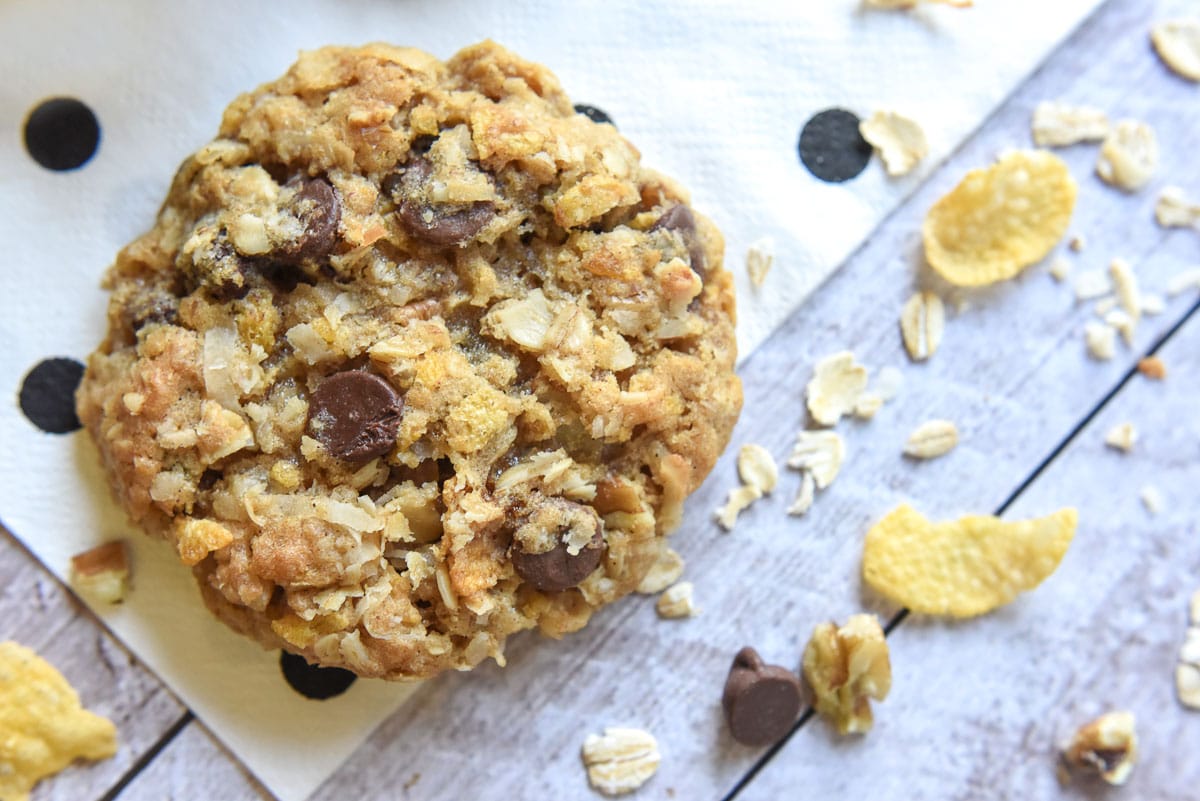 Cowboy Cookies on table with ingredients.