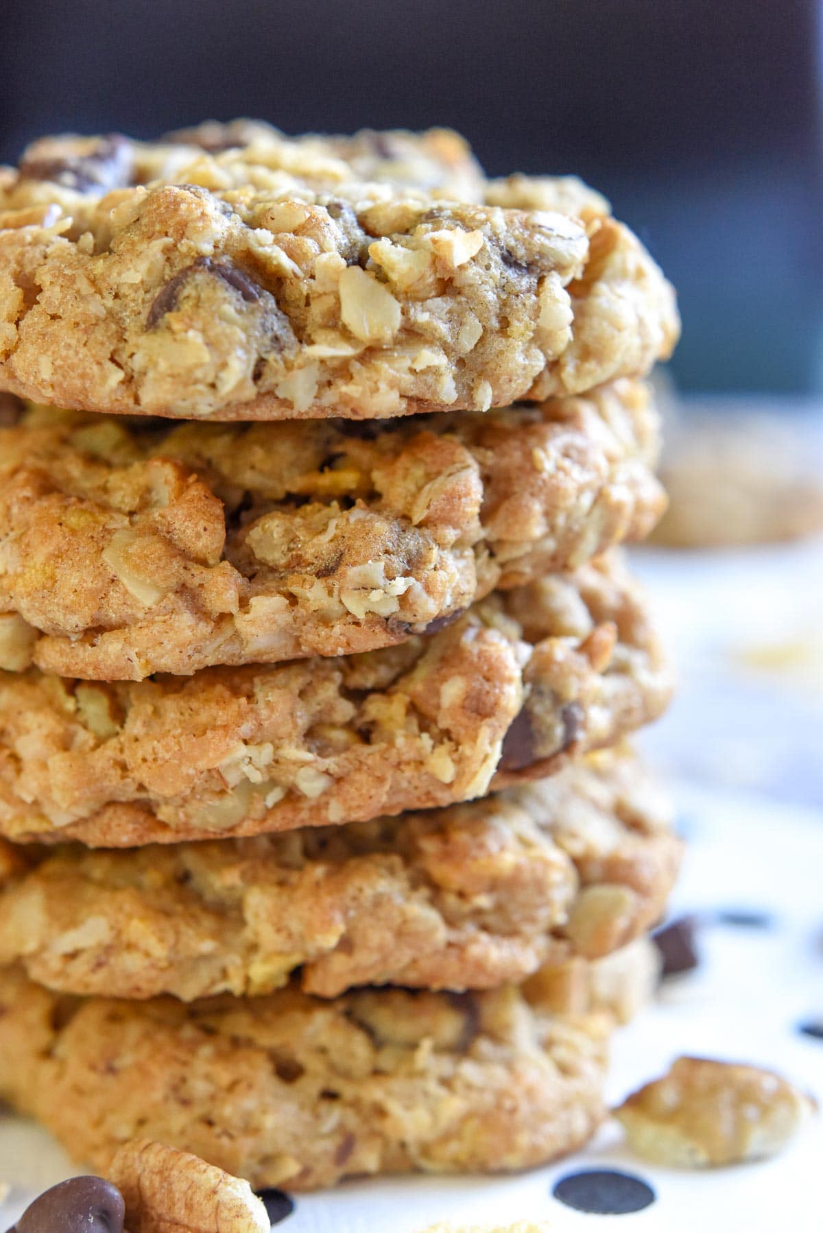 Side view of Cowboy Cookies in stack.