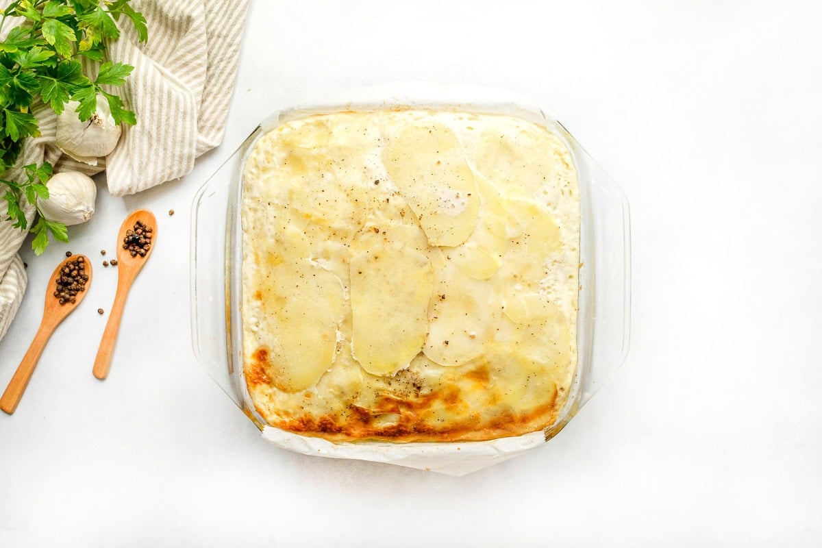 Gruyere Scalloped Potatoes partially baked.