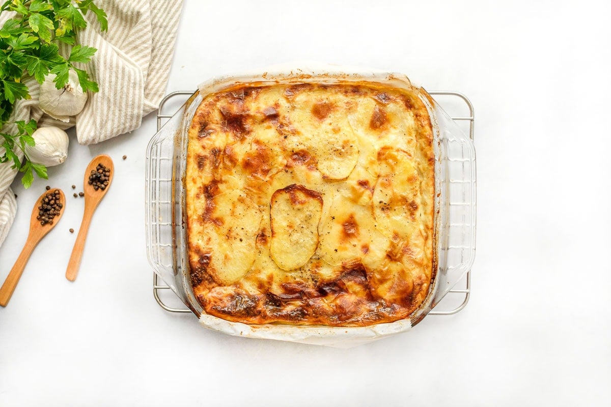 Gruyere Scalloped Potatoes recipe fresh out of the oven.