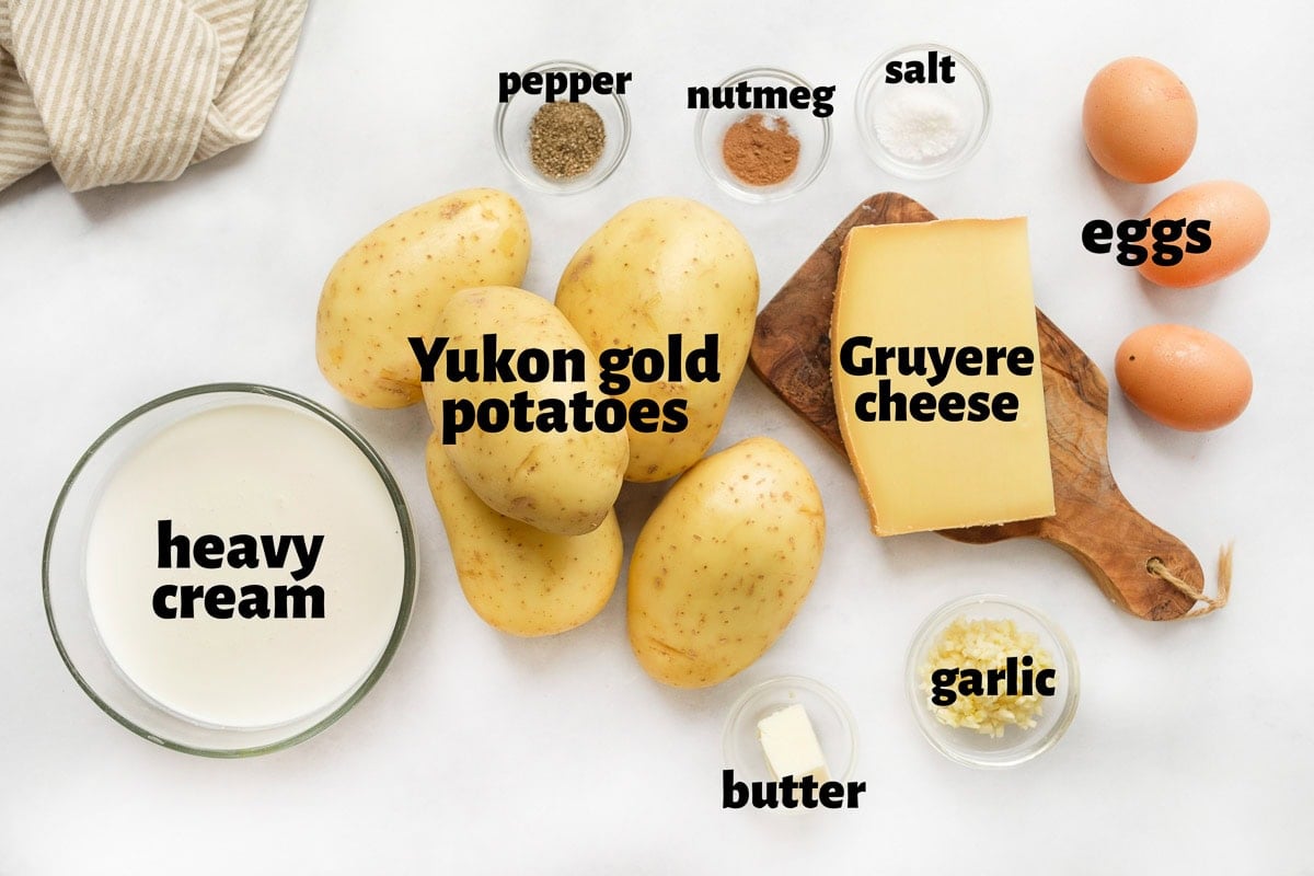 Labeled ingredients to make Gruyere Scalloped Potatoes.