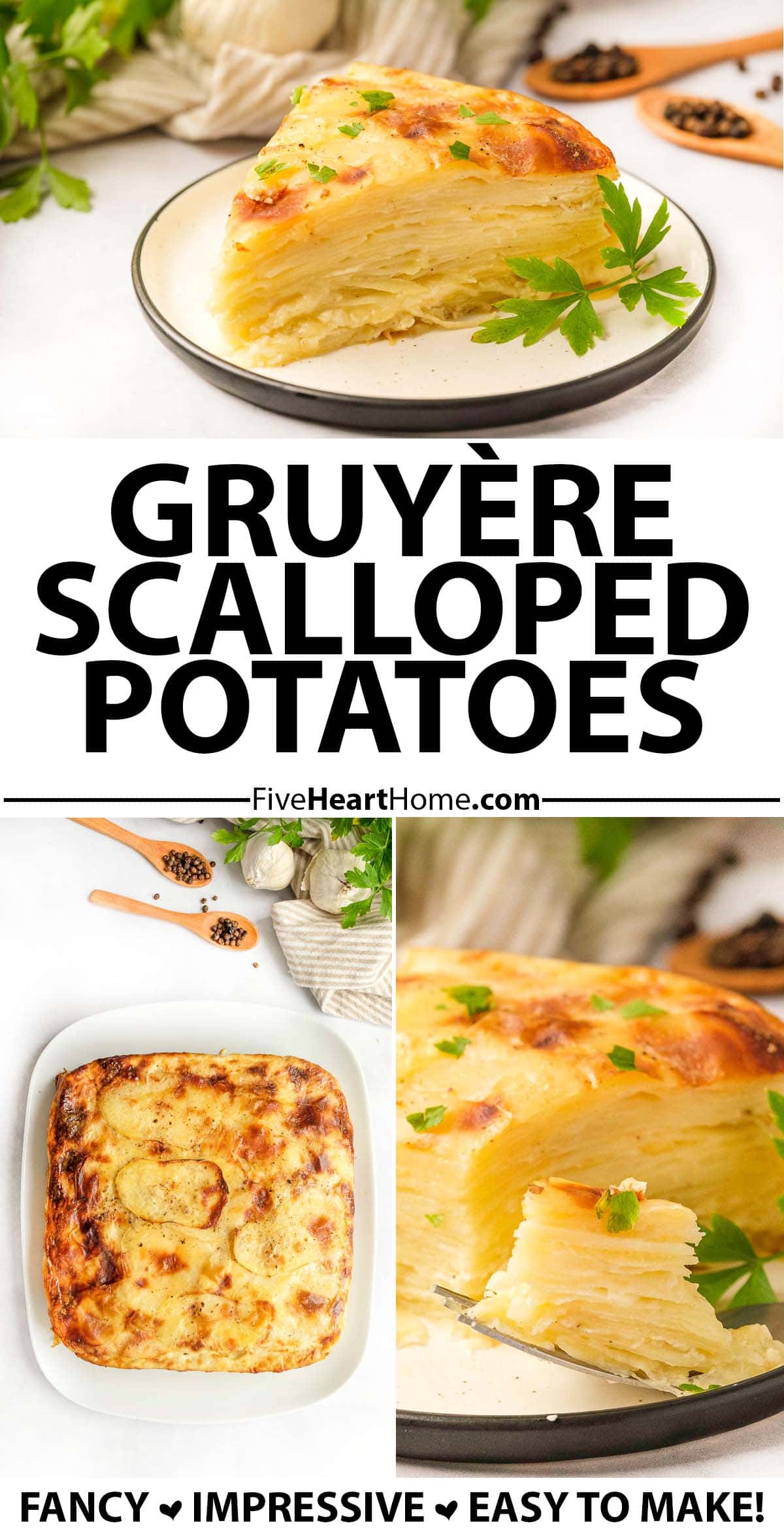 Gruyère Scalloped Potatoes ~ thinly sliced potatoes are layered with garlic and Gruyère cheese, drenched in cream, then baked, overturned, and sliced for an elegant presentation that's perfect for special occasions and holiday dinners. This scalloped potatoes recipe is perfect from Thanksgiving to Christmas to Easter! | FiveHeartHome.com via @fivehearthome